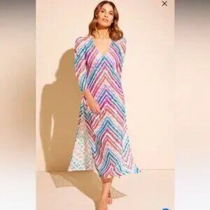 STYLEST AQUALACE Rainbow Chevron Stripe Lace Belted Swim Dress Caftan M NWT